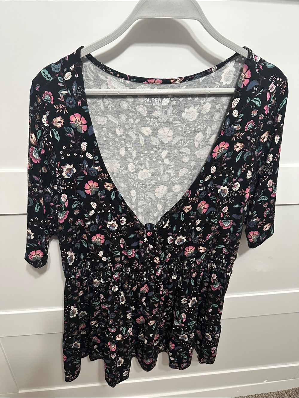 torrid Black Floral V-Neck Jersey Top with Pink & Teal Accents